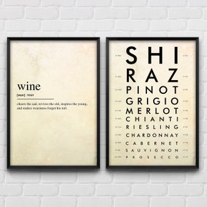 Poster sulla definizione del vino e sulla mappa del vino, regalo divertente sul vino, decorazione da parete per bar, set di 2 stampe