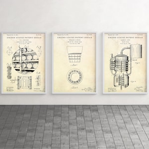 Bar Decor: Whiskey Still Patent Wall Art, Barman Gift, Alcohol Uitvindingen Blauwdruk Poster, Set van 3 Prints