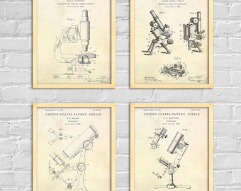 Láminas de patentes de microscopios, láminas decorativas de planos científicos vintage para pared (juego de 4)