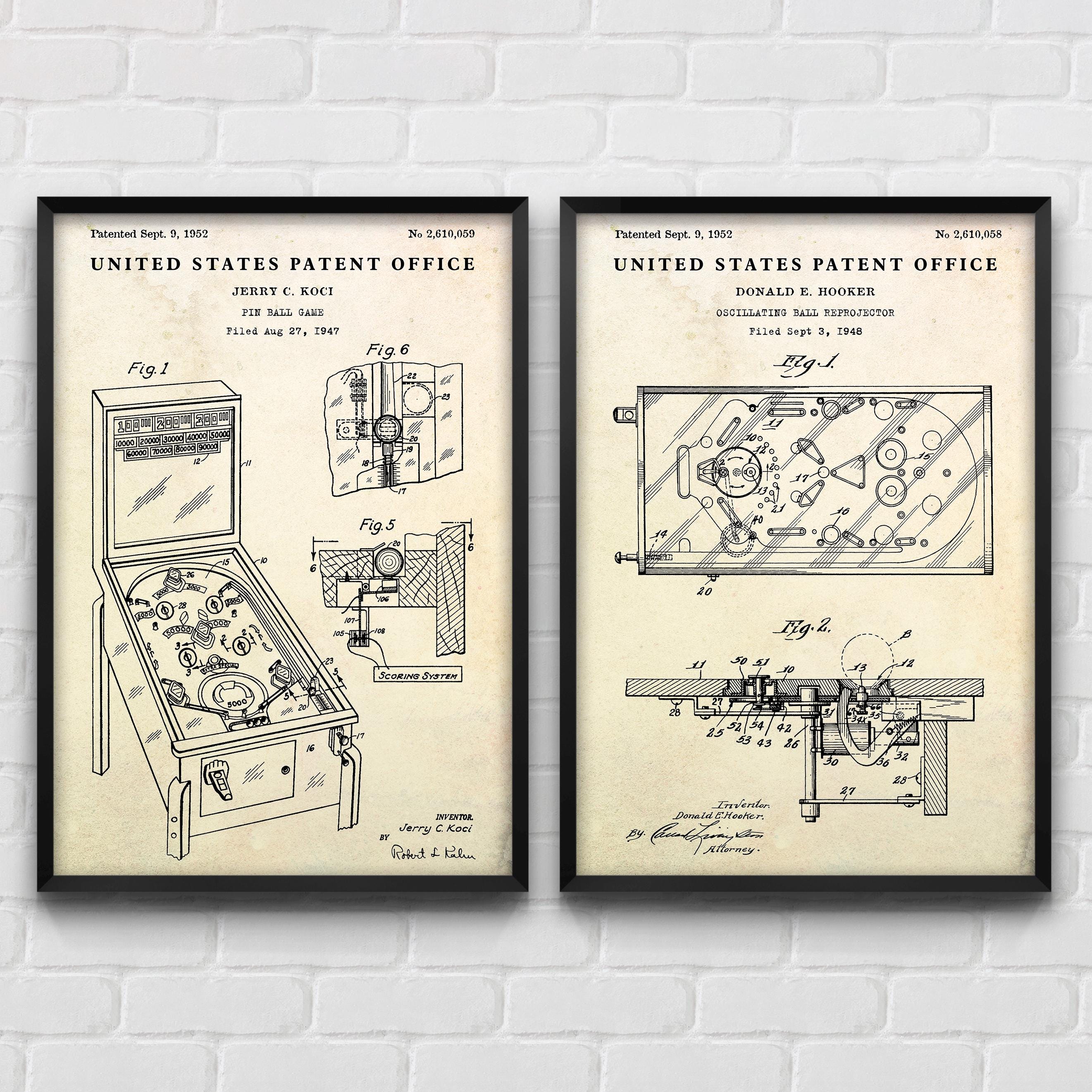 Arcade Inventors Pinball Machine Patent Wall Art, Arcade Games Inventions Blueprint ...