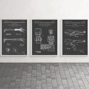 May include: Three framed patent prints from the United States Patent Office. The prints feature detailed technical drawings of tools and machinery, including a cutting torch, an engine, and locking pliers. The prints are in black and white.
