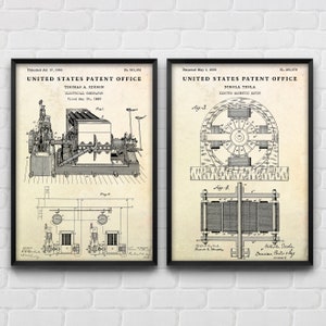 Electric Generator & Electro Magnetic Motor Patent Posters, Inventions Blueprint, Electrician Gift, Industrial Wall Art, Set Of 2 Prints
