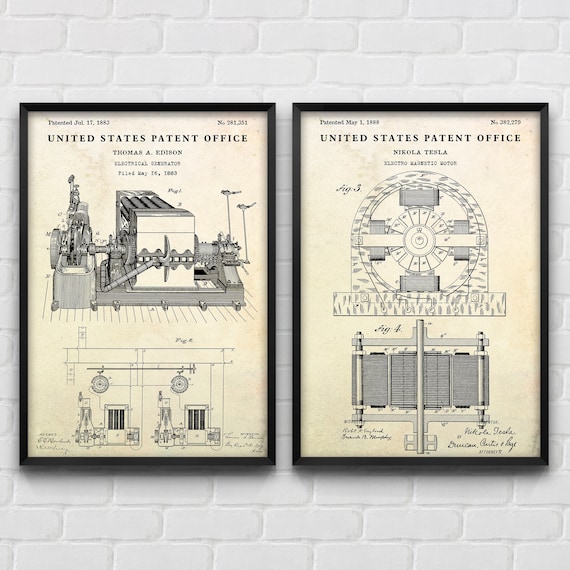 Electric Generator & Electro Magnetic Motor Patent Posters, Inventions Blueprint, Electrician Gift, Industrial Wall Art, Set Of 2 Prints