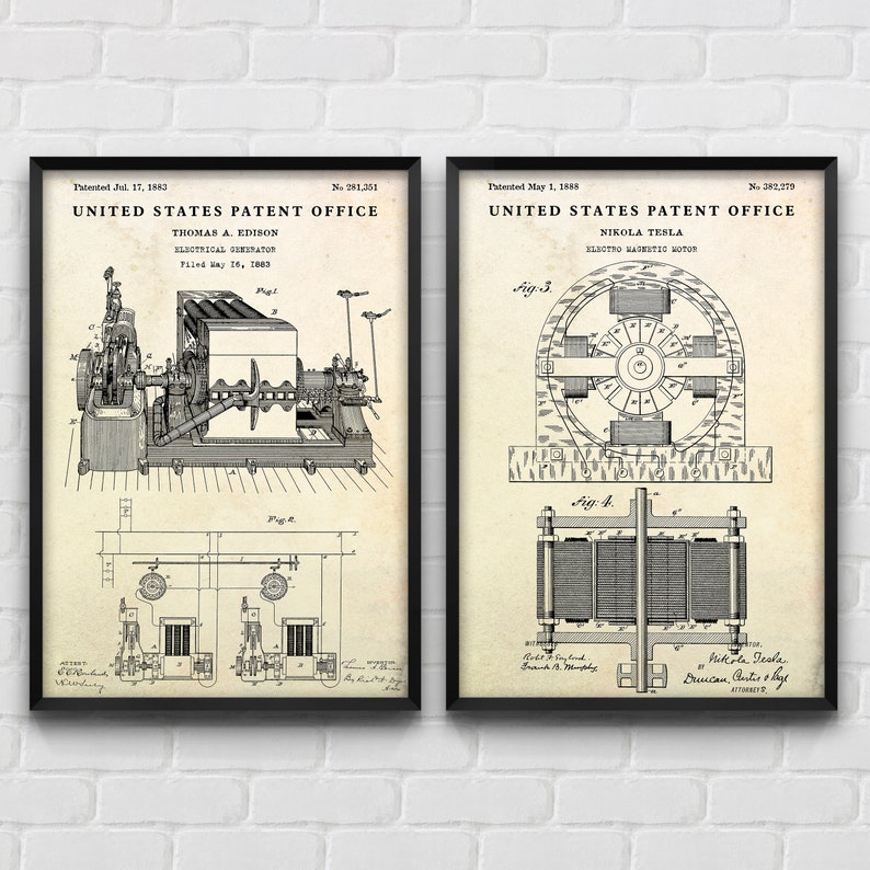 May include: Two black and white patent drawings. The first patent drawing is for an electrical generator by Thomas A. Edison, patented July 17, 1883. The second patent drawing is for an electro-magnetic motor by Nikola Tesla, patented May 1, 1888.