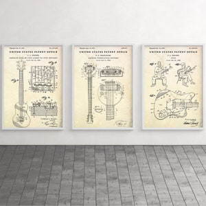 Electric Guitar Evolution Patent Wall Art, Guitarist Gift, Music Room Vintage Decor, Inventions Blueprint Poster, Set Of 3 Prints