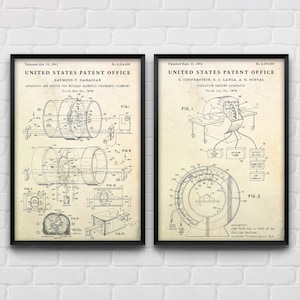 May include: Two framed vintage patent prints. The left print details an apparatus for nuclear magnetic resonance scanning, patented in 1982. The right print shows a radiation imaging apparatus, patented in 1981. Both prints feature detailed technical diagrams.