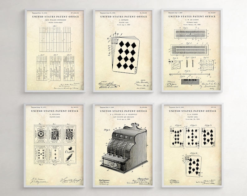 May include: Six vintage black and white patent drawings for playing cards, a card game, a cash register, and a card shuffling machine. The drawings are on a beige background with the text "United States Patent Office" at the top of each drawing.