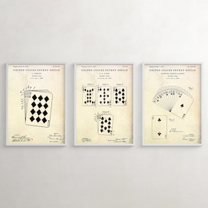 Arte de parede patenteada para cartas de baralho, invenções de jogos de cartas, pôster de projeto, presente de jogo, decoração vintage, conjunto de 3 impressões