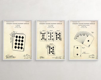 Playing Cards Patent Wall Art, Card Games Inventions, Blueprint Poster, Gambling Gift, Vintage Decor, Set Of 3 Prints