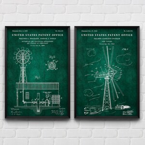 May include: Two vintage patent drawings for wind turbine designs. The left image shows a patent for a wind-powered generator, filed in 1895. The right image shows a patent for a wind turbine, filed in 1941. Both drawings are on a green background.