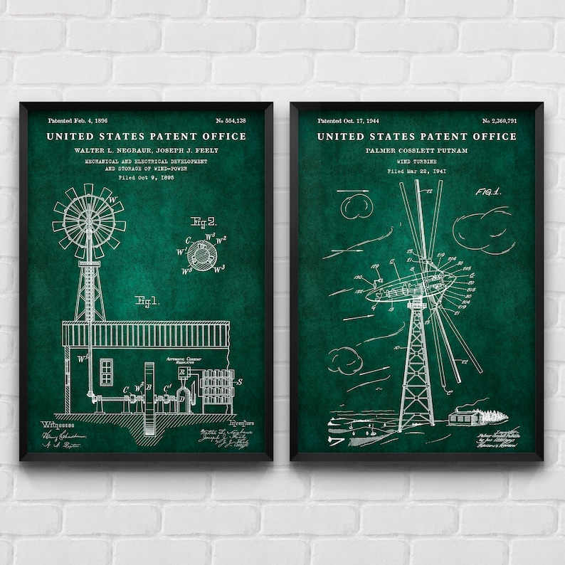 May include: Two vintage patent drawings for wind turbine designs. The left image shows a patent for a wind-powered generator, filed in 1895. The right image shows a patent for a wind turbine, filed in 1941. Both drawings are on a green background.