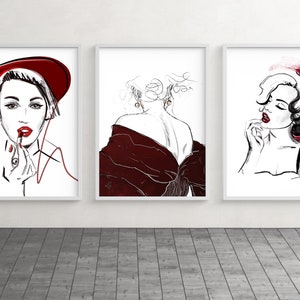 Fashion Minimalist Wall Art, Woman Sketch, Vanity Decor, Beauty Poster, Girly Modern Decor, Set of 3 Prints