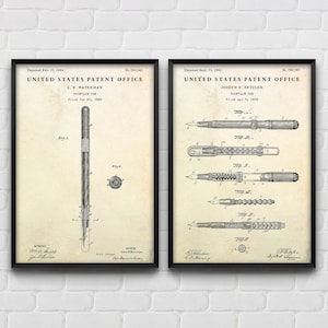 Fountain Pen Patent Wall Art, Stationery Inventions, Blueprint Poster, Writer Gift, Office Vintage Decor, Set Of 2 Prints