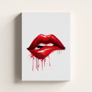 Kiss Lips Dripping Paint Print, Fashion Beauty Wall Art, Girls Gift, Glamour Decor, Makeup Vanity Poster, Wrapped Canvas Ready to Hang