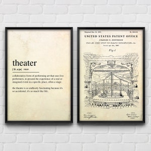 Theaterdefinitie en theaterpodium Patent muurkunst, theatrale romantische posters, vintage decor, set van 2 prints