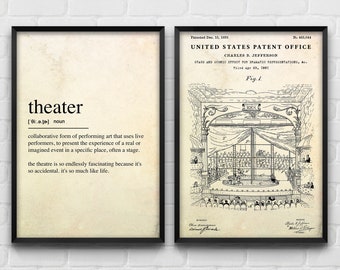 Theater Definition & Theater Stage Patent Wall Art, Theatrical Romantic Posters, Vintage Decor, Set Of 2 Prints