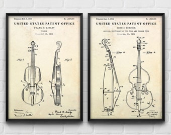 Poster di brevetti per violino e violoncello, progetti di contrabbasso per invenzioni di violino, regalo per musicisti, arte murale vintage con strumenti musicali, set di 2 stampe