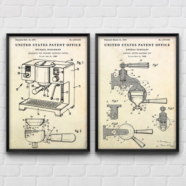 Arte della parete del caffè, progetto della macchina per caffè espresso, poster di brevetto vintage, regalo barista, arredamento del bar caffè, set di 2 stampe