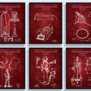 Firefighter Gift, Fireman Poster, Firefighter Vintage Patent Drawing, Blueprint Wall Art, Set Of 6 Prints