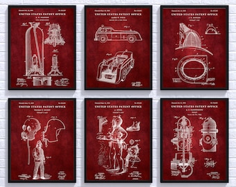 Firefighter Gift, Fireman Poster, Firefighter Vintage Patent Drawing, Blueprint Wall Art, Set Of 6 Prints
