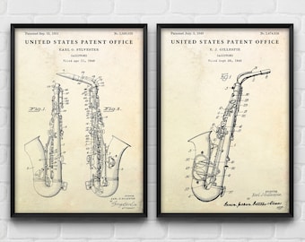 Saxophone Design Patent Poster, Wind Instruments Vintage Inventions Blueprint Wall Art, Jazz Music Decor, Saxophonist Gift, Set Of 2 Prints
