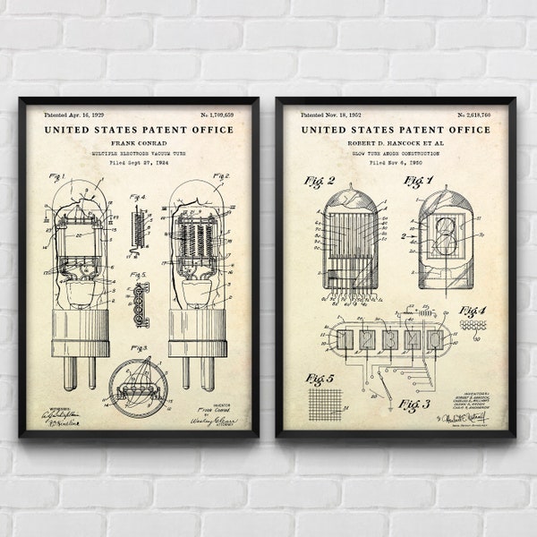 Poster di brevetti Nixie Tube e tubo a vuoto, progetto di invenzioni, regalo lampada Steampunk, arredamento vintage, arte della parete Loft, set di 2 stampe