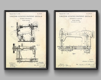 Sewing Machine Patent Art Prints, Invention Blueprint Wall Art, Fashion Designer Seamstress Gift, Dressmaker Vintage Decor, Set Of 2 Posters