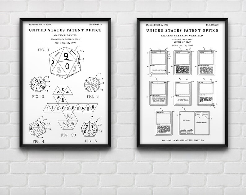 MTG Patent Art Prints: D20 Dice & Trading Card Game, Set of 2 White