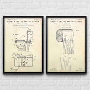 Poster di brevetto per sciacquone e carta igienica, arte murale con planimetria del bagno, arredamento vintage per il bagno, set di 2 stampe