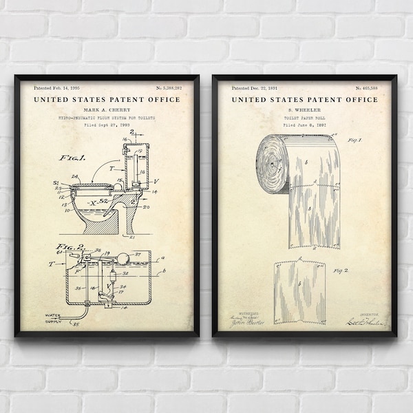 Toilet Flush & Toilet Paper Patent Poster, Bathroom Blueprint Wall Art, Restroom Vintage Decor, Set Of 2 Prints