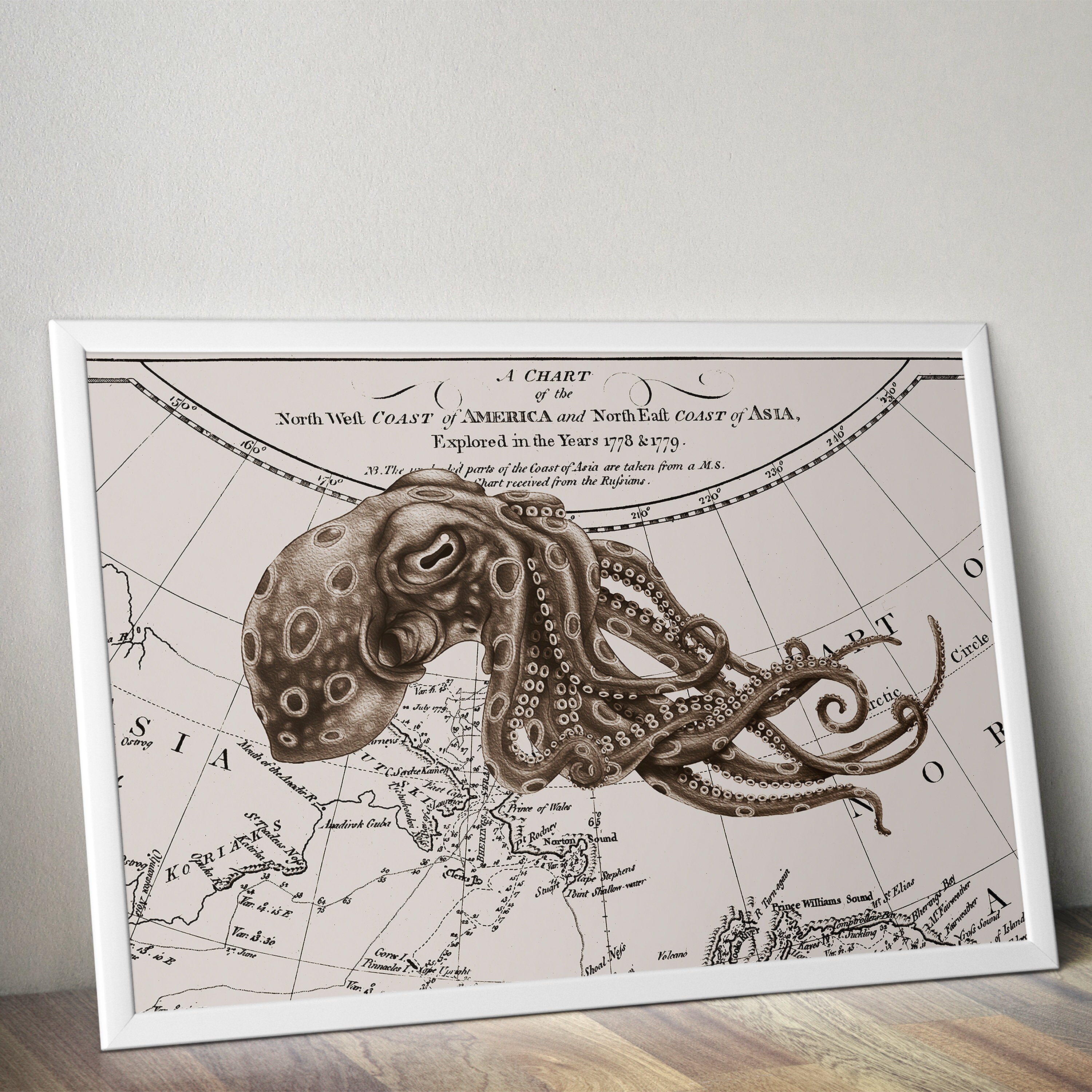 Octopus Map Octopus & Old Maps Collage Wall Art, Nautical Retro Decor, Seaside ...