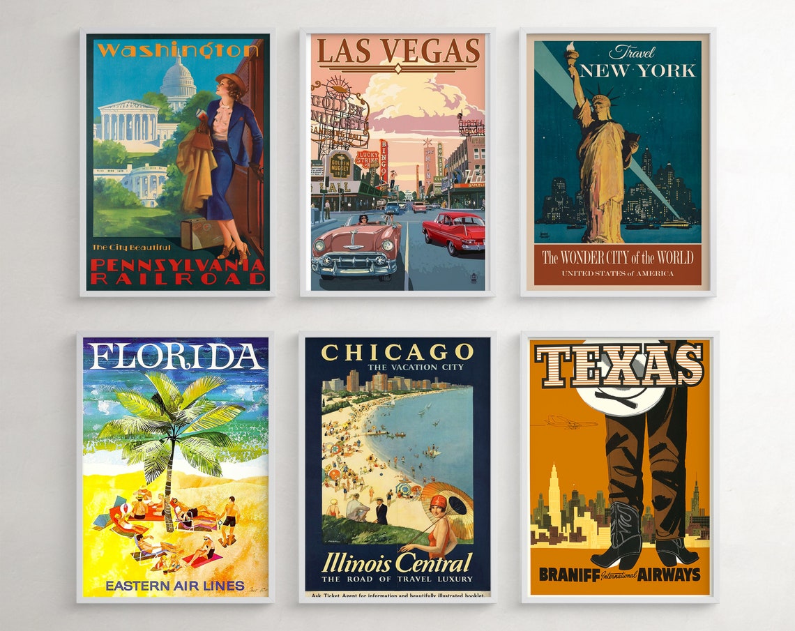 US City Poster Vintage Travel Wall Art Set of 6 Prints Etsy