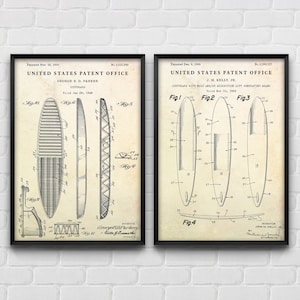 Surfing Wall Art: Surfboard Patent Posters, Surfer Gift, Nautical Decor, Vintage Surf Inventions Blueprint, Set Of 2 Prints