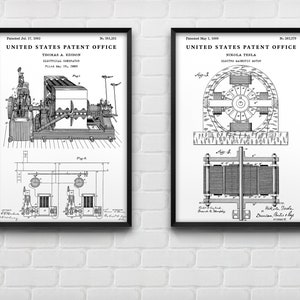 May include: Two black and white patent drawings in frames. The top drawing is for an electrical generator, patented July 17, 1883, by Thomas A. Edison. The bottom drawing is for an electric magnetic motor, patented May 1, 1888, by Nikola Tesla.