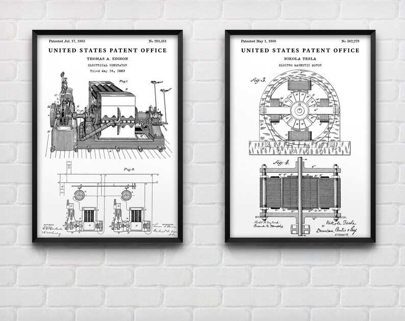May include: Two black and white patent drawings in frames. The top drawing is for an electrical generator, patented July 17, 1883, by Thomas A. Edison. The bottom drawing is for an electric magnetic motor, patented May 1, 1888, by Nikola Tesla.