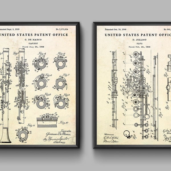 Wind Instruments Patent Wall Art: Clarinet and Flute Blueprint Poster, Music Vintage Decor, Musician Gift, Set Of 2 Prints