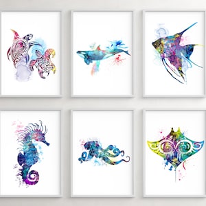 Animales del océano marino, arte náutico de la pared de la habitación de los niños, ballena, tortuga, caballito de mar, pulpo, raya, cartel de acuarela de pez ángel, conjunto de 6 impresiones