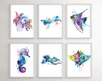 Sea Ocean Animals, Nautical Kids Room Wall Art, Whale, Turtle, Sea Horse, Octopus, Stingray, Angel Fish Watercolor Poster, Set Of 6 Prints