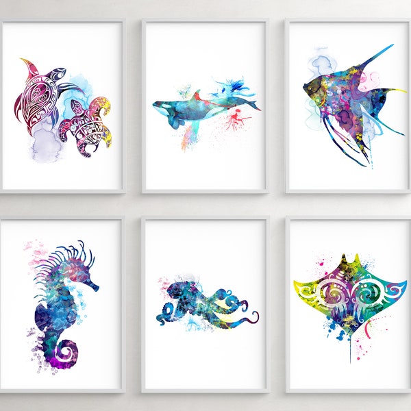 Sea Ocean Animals, Nautical Kids Room Wall Art, Whale, Turtle, Sea Horse, Octopus, Stingray, Angel Fish Watercolor Poster, Set Of 6 Prints