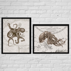 Octopus & Old Maps Collage Wall Art, Décor rétro nautique, Affiches vintage bord de mer, Ensemble de 2 imprimés