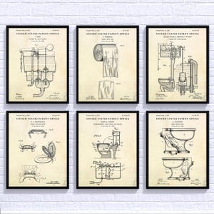 Toilet Wall Art, Bathroom Decor, Vintage Patent Posters, Lavatory WC Restroom Sign Blueprint Wall Art, Set Of 6 Prints