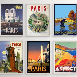 Arte mural de Francia, carteles de viajes antiguos, decoración retro francesa, póster de viaje de París, juego de 6 impresiones