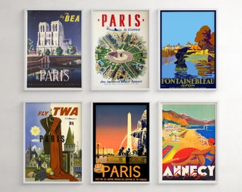 France Wall Art, Vintage Travel Posters, French Retro Decor, Paris Travel Poster, Set Of 6 Prints
