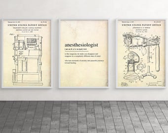 Anesthesiologist Definition & Machine Patent Art, Medical Print Set