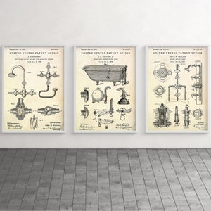 Bathroom Wall Art, Plumbing Patent Posters, Plumber Gift, Vintage Decor, Bathtub, Shower Invention Blueprint, Set Of 3 Prints