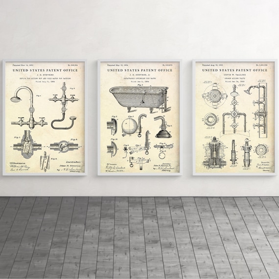 Bathroom Wall Art, Plumbing Patent Posters, Plumber Gift, Vintage Decor, Bathtub, Shower Invention Blueprint