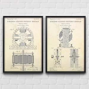 Electro Magnetic Motor Patent Wall At, Engine Inventions Blueprint Poster, History Buff Gift, Industrial Vintage Wall Art, Set Of 2 Prints