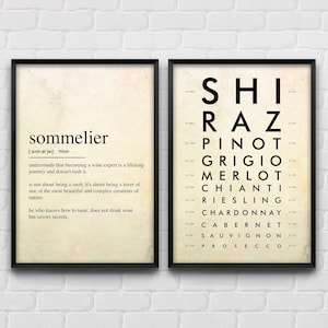 Définition de sommelier et affiches de la carte des vins, cadeau amusant de sommelier, décoration de bar, oeuvre d'art murale de restaurant, lot de 2 impressions