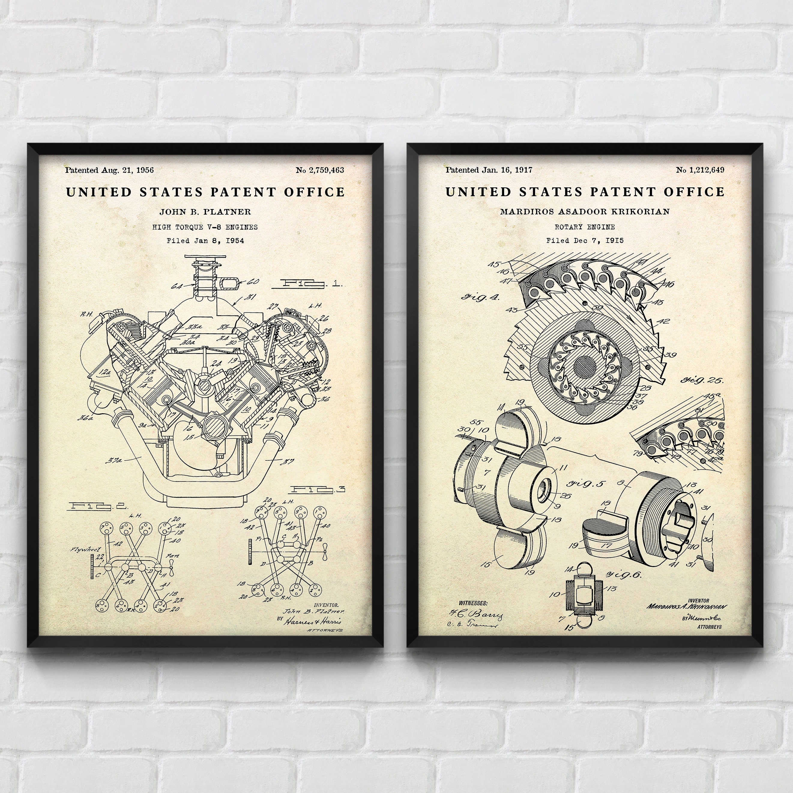 Rotary Engine & V8 Engine Patent Wall Art, Blueprint Poster