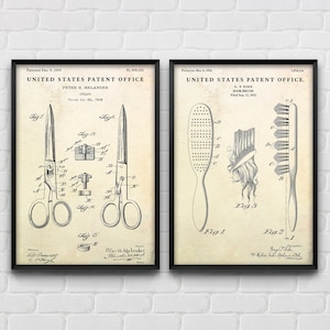 Poster di brevetti di forbici e spazzole per capelli, arte da parete per parrucchieri, regalo per parrucchiere, decorazioni per barbiere, cesoie, invenzioni per spazzole per capelli, set di 2 stampe
